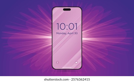 Transparent smartphone on purple background. Visualization of the phone. Banner on the theme of mobile technologies. A place for your text. Phone template with time on screen.