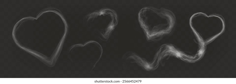 Transparent smoke hearts on dark background, ethereal design with soft flowing shapes, perfect for romantic, abstract, or mystical concepts.