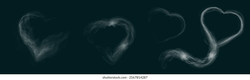 Transparent smoke hearts on dark background, ethereal design with soft flowing shapes, perfect for romantic, abstract, or mystical concepts.