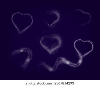 Transparent smoke hearts on dark background, ethereal design with soft flowing shapes, perfect for romantic, abstract, or mystical concepts.