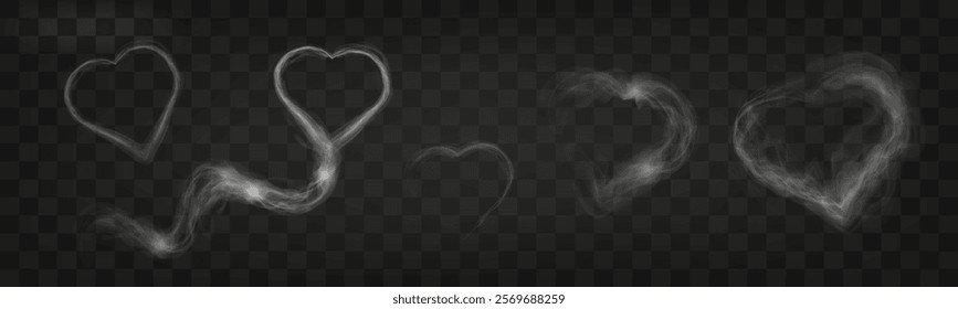 Transparent smoke hearts on dark background, ethereal design with soft flowing shapes, perfect for romantic, abstract, or mystical concepts.	