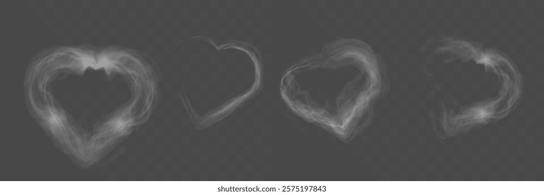 	
Transparent smoke hearts on dark background, ethereal design with soft flowing shapes, perfect for romantic, abstract, or mystical concepts.