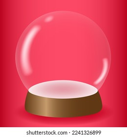 Transparent snow globe 3D on a pink background. White podium under a glass dome for product promotion. Design element for various holidays. Vector illustration.