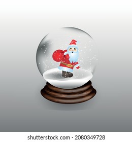 transparent Snow globe with christmas character. santa claus with a bag of gifts. 