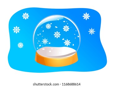 Transparent Snow Globe. Empty glass sphere with snowflakes. Crystal ball isolated on blue background