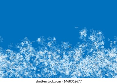 Transparent snowflakes on cold blue background. Winter sales, Christmas and New Year design for party invitation, banner, sale or web design. Horizontal winter pattern. Magic snowflakes
