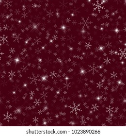 Transparent snowflakes seamless pattern on wine red Christmas background.