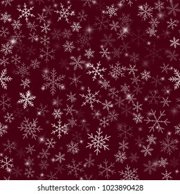 Transparent snowflakes seamless pattern on wine red Christmas background.