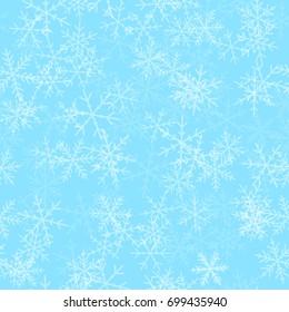 Transparent snowflakes seamless pattern on turquoise Christmas background.