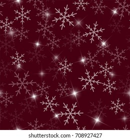 Transparent snowflakes seamless pattern on wine red Christmas background.