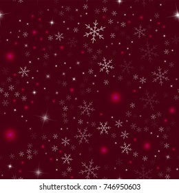 Transparent snowflakes seamless pattern on wine red Christmas background.