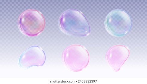 Transparent soap ball with pink, blue and purple iridescent gradient color. Realistic 3d vector illustration set of rainbow shampoo and wash foam sphere. Flying soapy glossy water irregular sphere.