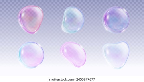 Transparent soap ball with pink, blue and purple iridescent gradient color. Realistic 3d vector illustration set of rainbow shampoo and wash foam sphere. Flying soapy glossy water irregular sphere.