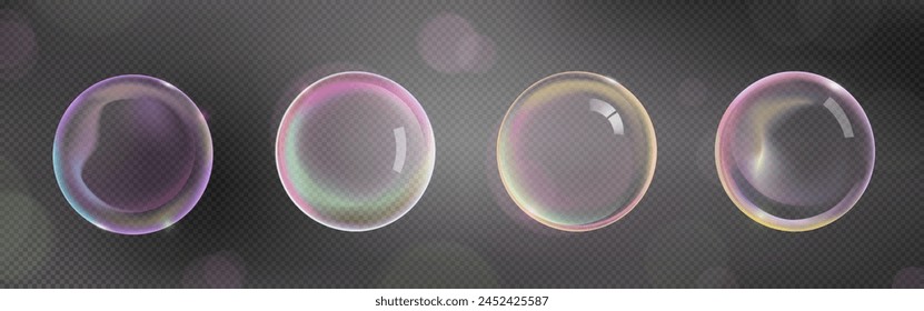 Transparent soap ball with pink and purple iridescent color and reflection. Realistic 3d vector illustration set of rainbow water and shampoo foam sphere. Flying soapy glossy sphere with light effect.