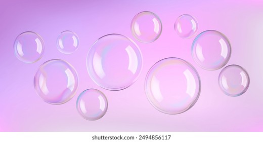 Transparent soap bubble float, vector Baby shower template. 3D sphere and circle from a soap wand. Iridescent glossy round light shapes. Shiny reflection, flying bath elements of dreamy atmosphere