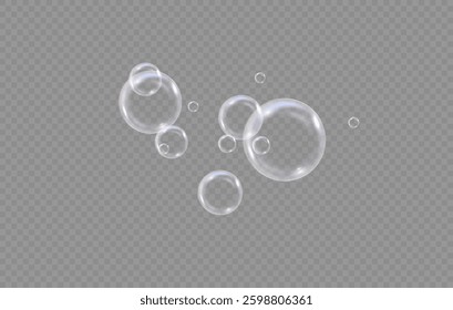Transparent soap bubble with glossy surface, floating in the air with light reflection. Delicate round sphere with crystal clear liquid drop effect. Shiny water element, clean and bright, flying softl