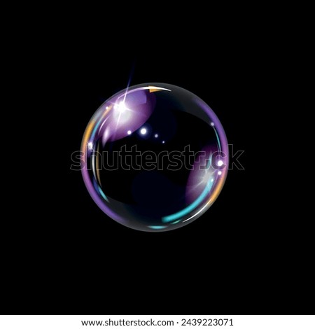 Transparent soap bubble on black background. 3d soap balloon. Foam, powder, soap, detergent. Vector illustration.