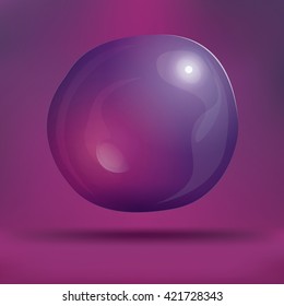 Burbuja transparente de jabón sobre fondo morado. Ilustración vectorial. Burbuja de agua sobre fondo desenfocado con espacio de sombra y copia