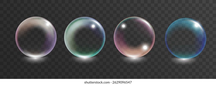 Burbuja de jabón transparente con colores del arco iris aislados de fondo. Conjunto de espuma de jabón, oxígeno o burbujas de agua.