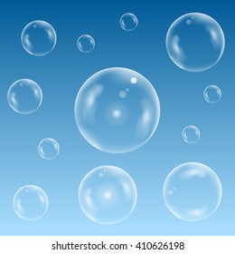 Transparent Soap bubble set on the blue background. Water bubble set on the blue sky. Vector illustration