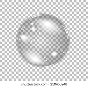 Transparent soap bubble. Vector realistic illustration on checkered background