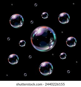 Transparent soap bubbles background. 3d soap balloons on black. Foam, powder, soap, detergent. Vector illustration.
