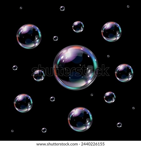 Transparent soap bubbles background. 3d soap balloons on black. Foam, powder, soap, detergent. Vector illustration.
