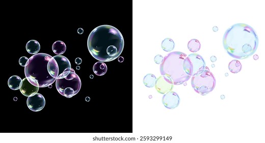 Transparent soap bubbles float in the air, shimmering with iridescent colors against a black and white background. Their delicate surfaces reflect light, creating a mesmerizing, dreamy effect.