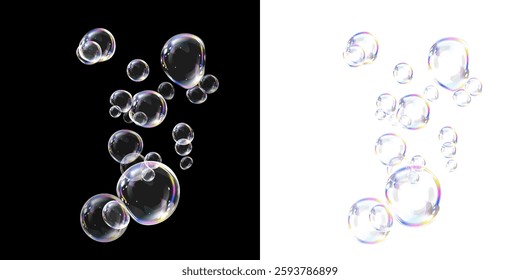 Transparent soap bubbles floating in the air, reflecting iridescent light with a realistic 3D effect on black and white backgrounds. Soft reflections, rainbow glow, and dreamy aesthetics.