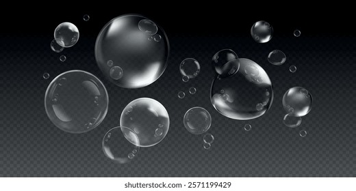 Transparent soap bubbles floating on a dark background. Bubbles of various sizes, creating a light, airy feel. Soap bubbles add a whimsical touch. Soap bubble element vector set.