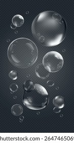 Transparent soap bubbles floating on a dark background. Bubbles of various sizes, clear and shiny. Soap bubbles create a light, airy feel. Floating bubbles. Soap bubble element vector set.