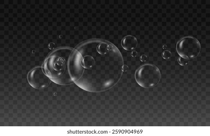 Transparent Soap Bubbles Floating, Realistic 3D Water Bubbles, Shiny Air Spheres, Light Reflection, Isolated Bubble Set, Floating Soap Orbs, Magic Bubbles, Abstract Air Elements, Clear Bubble Effect