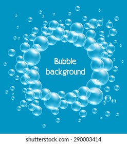 Transparent soap bubbles frame on blue background