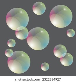 Transparent soap bubbles with iridescent gradient on a gray background. Abstract vector illustration.