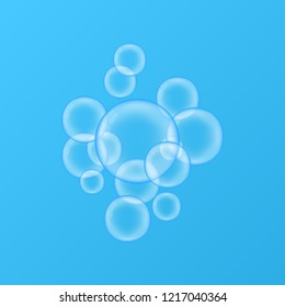 Transparent soap bubbles on blue background realistic vector