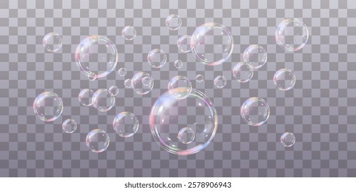 Transparent soap bubbles, Realistic color waltz. Foam bubbles png.  Vector illustration.