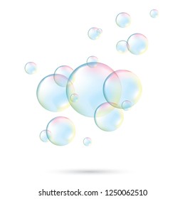 Transparent soap bubbles. Realistic soap bubbles. Rainbow reflection soap bubbles. Isolated vector illustration