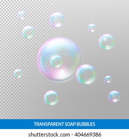 Transparent soap bubbles. Realistic soap bubbles. Rainbow reflection soap bubbles. Isolated vector illustration