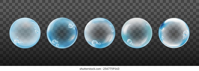 Transparent soap bubbles with reflections and light effects on a checkered background. Soap bubbles with a glossy surface. Perfect for bubble-themed designs. Element vector collection.