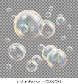 Transparent Soap Bubbles Vector. Colorful Falling Soap Bubbles. Isolated Illustration
