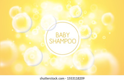 Transparent Soap Bubbles Yellow Background. Vector Light Flare And Sparks Clear Sunny Background. Kid Soap Or Baby Shampoo Design With White Label Frame