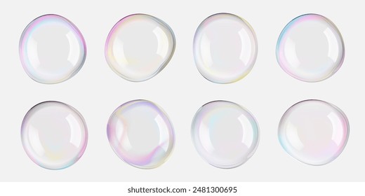 Transparent soap foam balls in air. 3D iridescent rainbow spheres and textured circles float on white png. Glass plastic mirror reflections on big bath bead. Shiny pastel blown day-dreaming bubbles