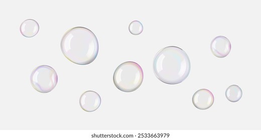 Transparent soap foam balls in air. 3D iridescent rainbow spheres and textured circles float on white png. Glass plastic mirror reflections on big bath bead. Shiny pastel blown day-dreaming bubbles