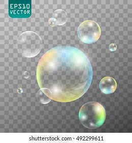 Transparent soap or water bubbles. Realistic soap bubbles with rainbow reflection set isolated vector illustration
