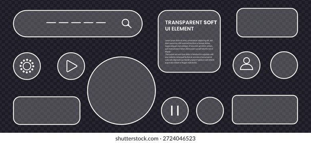 Conjunto de Elementos de ui de vidrio líquido suave transparente con varias Formas para el diseño moderno de la interfaz de usuario, incluida la barra de búsqueda, el cuadro de texto, los Botones y las Formas de marcador de posición en un fondo oscuro de tablero de ajedrez.