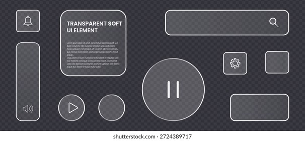 Conjunto de elementos de ui de vidrio líquido suave transparente, efecto de vidrio esmerilado con Elementos brillantes que incluyen Botones, control deslizante de volumen de la barra de búsqueda y controles de medios para proyectos de diseño modernos, aspecto limpio y minimalista, Ilustración vectorial.