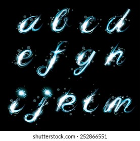 Transparent Sparkle Alphabet Vector.  Glowing Ice Blue Light Effect Glitter Text. Letters Of The Alphabet With A Light Writing Effect. Lowercase A-m