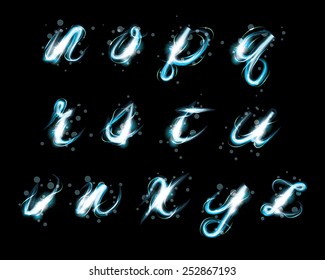 Transparent Sparkle Alphabet Vector.  Glowing Ice Blue Light Effect Glitter Text. Letters Of The Alphabet With A Light Writing Effect. Lowercase N-z 