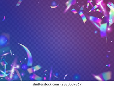 Transparent Sparkles. Metal Prism. Fantasy Art. Shiny Vaporwave Serpentine. Surreal Foil. Pink Party Confetti. Birthday Glitter. Bokeh Background. Violet Transparent Sparkles