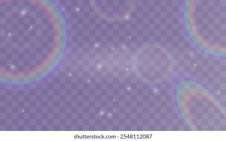 Brillos transparentes y arco iris. Estrellas brillantes sutiles con arcos coloridos superpuestos sobre un fondo translúcido, perfectas para superposiciones decorativas o festivas